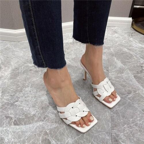New Cross Braid High heel Slippers Leather Mules Square toe Slippers Women Sandals high heel Shoes Woman zapatos mujer