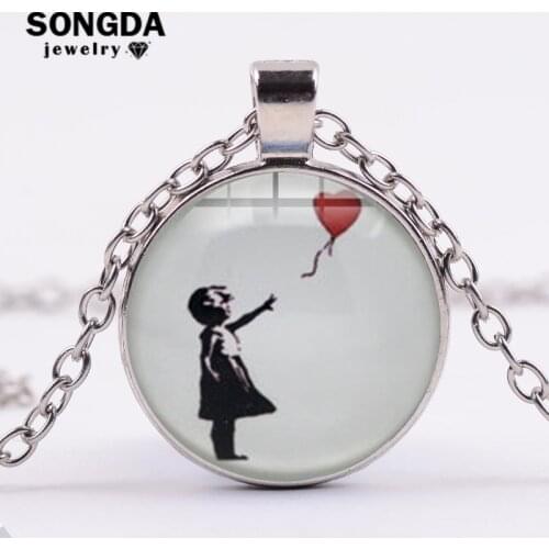 SONGDA Girl with a Balloon Necklace Street Graffiti Artist Banksy Famous Painting Glass Cabochon Gem Chain Necklace Art Jewelry