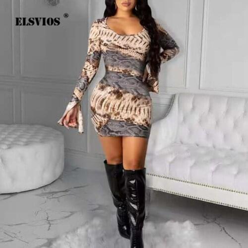 Spring Autumn Women New O Neck Dresses Retro Abstract Print Slit Flared Sleeve Mini Dress Lady Sexy Nightclub Short Dress Vestid