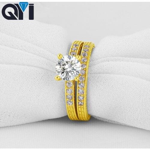 QYI Engagement Ring Sets For Women Classic Round Cut 1 ct Sona Simulated Diamond 14k Yellow Gold Wedding Ring
