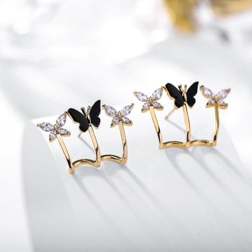 Real 925 Sterling Silver Gold Earrings Cute Butterfly Female Black Enamel Stud Earrings Vintage Stone Wedding Earrings For Women