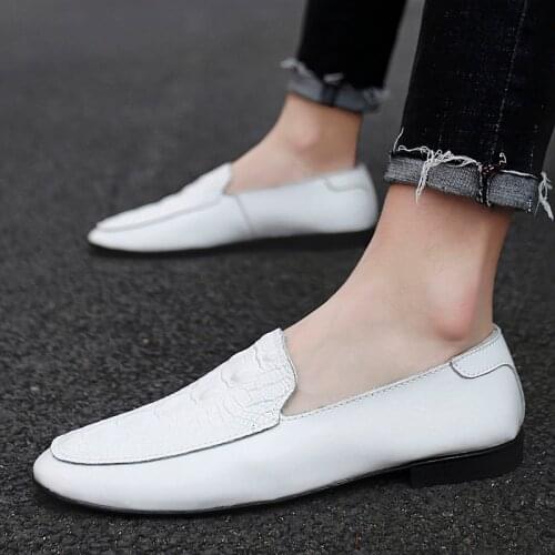 Men Casual Loafers genuine Leather Shoes slip on Casual Dress Shoes Brogue Shoes Spring Classic Male black white shoes men