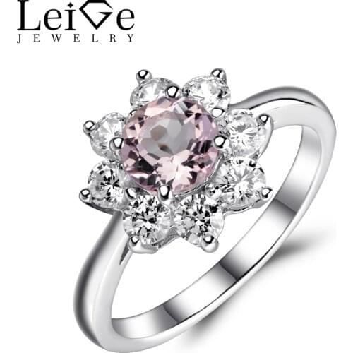 Leige Jewelry Natural Morganite Ring Round Cut Pink Morganite Engagement Promise Rings Fine Jewelry Valentine Gifts for Lovers