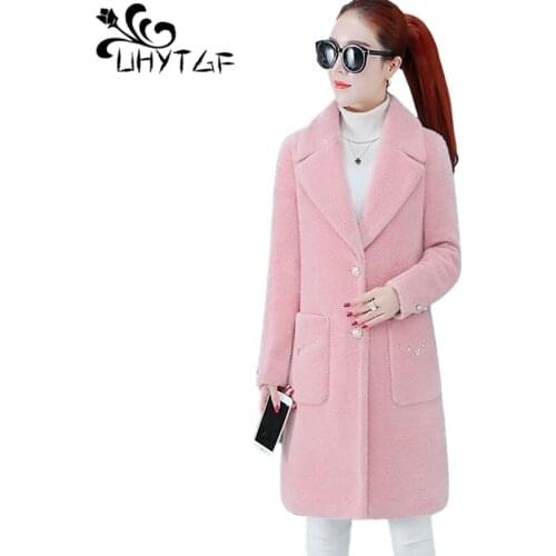UHYTGF Quality Imitation Mink Fleece Autumn Winter Woolen Coat Female Fashion Lapel Single-Breasted Casual Womens Jacket 1425