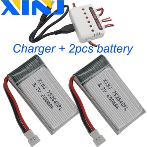 XINJ Charger+2pcs 3.7V 600 mAh 25C Polymer Li-Po battery 752540 JST-XH 2.54mm plug for Syma X5C X5SC TK M80 RC Quadcopter Drone