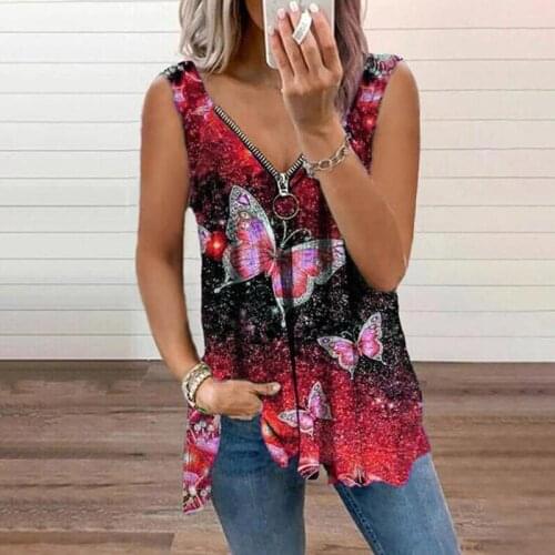 Summer Butterfly Print Zipper V Neck Vest T Shirt Women Casual Streetwear Loose Sleeveless Tops Female Oversized Tee Shirts