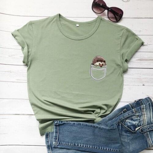 Hedgehog pocket women fashion grunge tumblr cute kawaii funny girl gift street style young 90s quality new trend tees goth tops