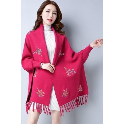 Womens embroidery fringed shawl high quality batwing sleeve shawl knitwear ladies fringed shawl sweater outwear