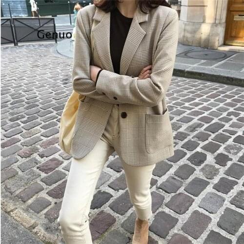 New 2021 Autumn Winter Womens Blazers Elegant Plaid Checkered Pockets Jackets Notched Vintage Lady Wild Tops