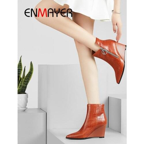 ENMAYER 2020 Women Winter Boots Basic Wedges Heels Lizard Grain Pointed Toe Ankle Boots for Women Short Plush Women Shoes 34-42