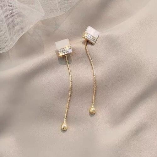 Womens Fashion Square Earring Long Tassel Pendant Dangle Earrings Girl Rhinestones Geometric Jewelry Accessories for Women