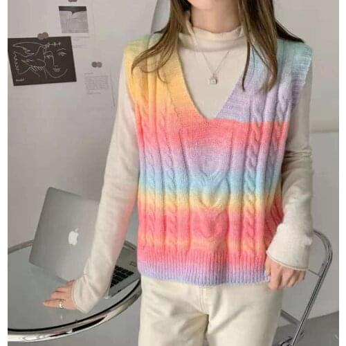 Korean Rainbow Sleeveless Pink Sweater Vest Casual Autumn Knitted Gradient color Jumper Women Fashion Korean Knitwear 2021
