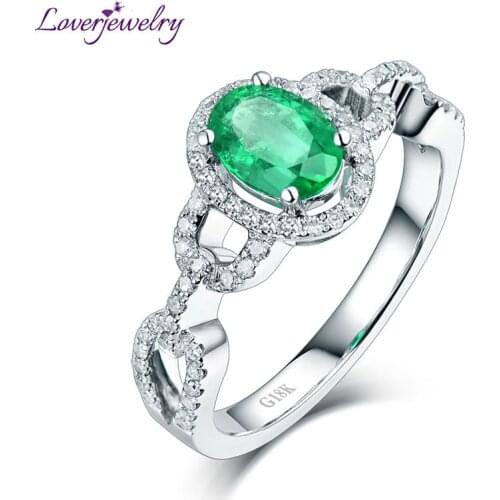 LOVERJEWELRY Genuine Emerald Ring,Natural Emerald Diamonds Ring 18KT White Gold For Women G090458