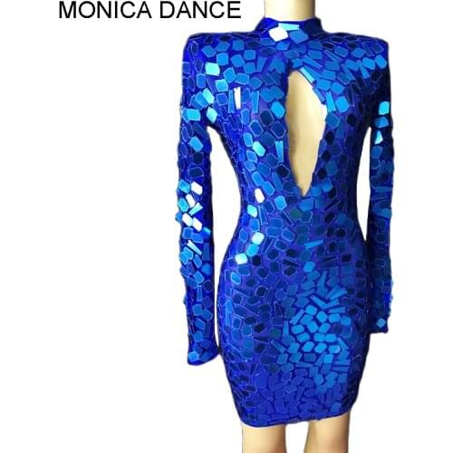 Women Sexy Stage Flashing Blue Mesh Mirrors Hollow Dress Birthday Celebrate Dance Outfit Wear Prom Evening Dancer Short Dress
