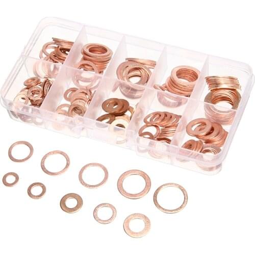 200pcs M5-M14 Solid O Ring Shape Copper Washer Gasket Seal Flat Ring Fuel Hydraulic Fittings Set Accessories