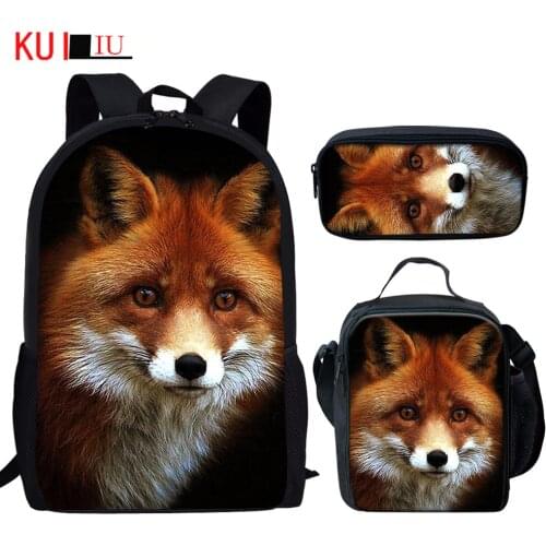 KUILIU 3cs/set School Bags for Kids Fox Printing School Backpack Girls Children Animals Lunch Book Bags Student Satchel