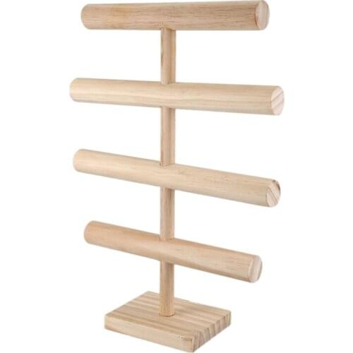 4 Tiers T-Bar Jewelry Stand Rack Solid Wooden Jewellery Display Holder for Bracelet Watch Bangle Hair Hoop