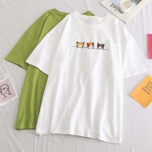 Avocado Green T Shirt Cat Cartoon Print Harajuku Ulzzang Tees Short Sleeve T shirts Kawaii Women Casual Basic Summer Loose Tops