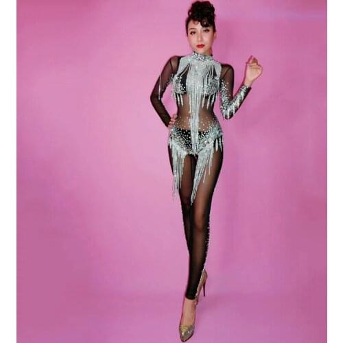Sparkly Silver Rhinestones Tassels Sexy Black Transparent Jumpsuit Female Singer Nightclub Party GoGo Dance Stage Wear DJ395
