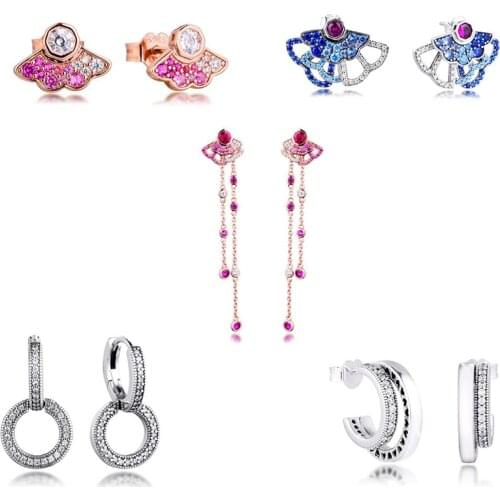 CKK Earrings Blue & Pink Fan Double Stud Earring for Women Sterling Silver 925 Jewelry aretes Pendientes kolczyki Earing Brincos