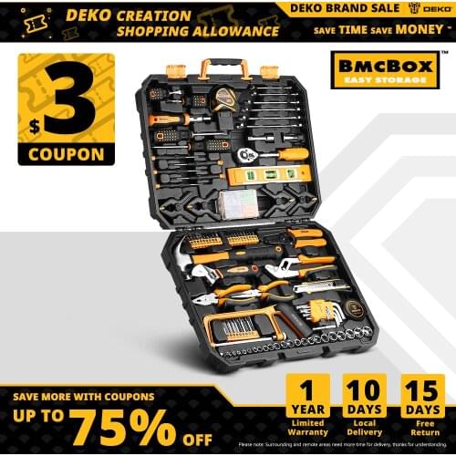 DEKO Hand Tool Set General Household Repair Hand Tool Kit with Plastic Toolbox Storage Case Socket Wrench Screwdriver Knife