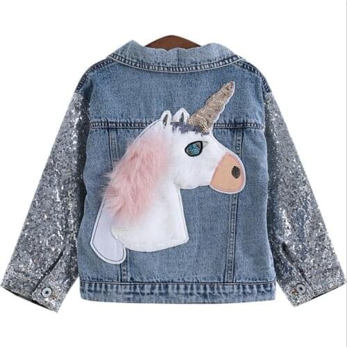 2-10Yrs Children Girls Unicorn Jackets Autumn Girls Sequin Tops Winter Kids Girls Denim Outwear Clothing