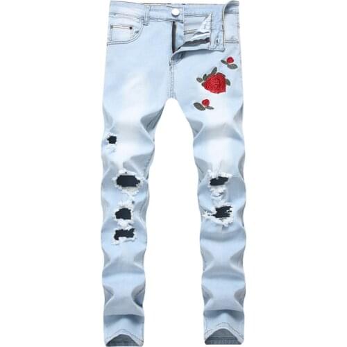 Ripped Jeans with Embroidery Men with Flowers Rose Embroidered Mens Denim Jeans Stretch Skinny Push Size 40 42 Jeans Pants