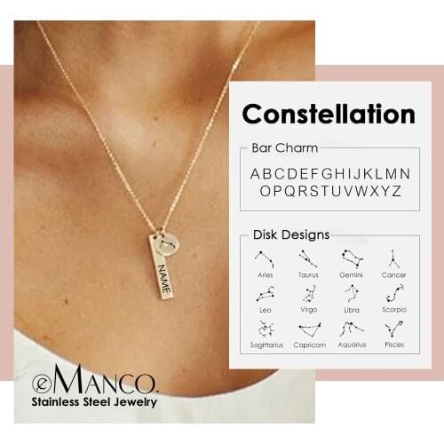 EManco Astrological Star Sign Pendant Necklace Gold Stainless Steel Engraving Personal Custom Name Necklace For Women Gifts