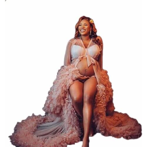 Customized Sexy Maternity Pajamas Bathrobe Pink Women Tiered Ruffles Photo Shoot Dress Party Evening Nightdress