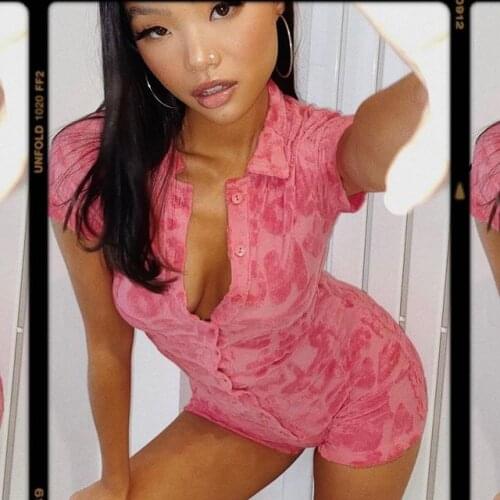 Letter Print Button Front Rompers Jumpsuit Sexy Women Bodysuit Shorts Romper Leotard Tops Short Sleeve Homwear Bodysuits