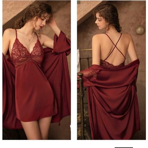 Fashion Women Pajamas Sets Faux Silk Pajamas Sleepwear Sets Embroidery Lace Bath Gown Wedding Night Dress Robe With Belt