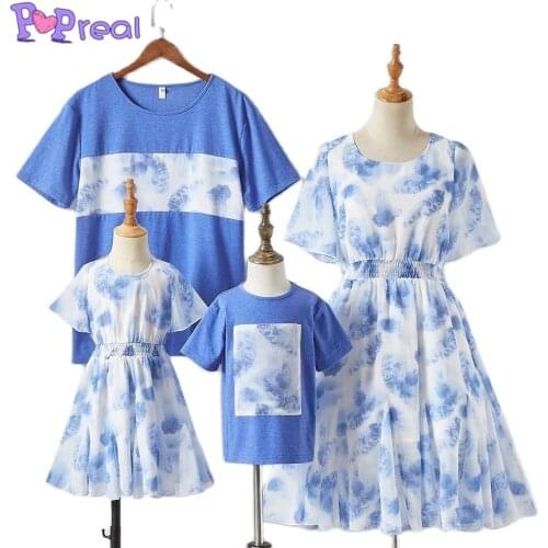 PopReal Parent-Child Outfit Mother And Daughter Dress Chiffon Print Father And Son T-Shirt Family Clothing Sets Patchwork