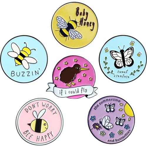 Colorful circle animal badge Bee butterfly bird Enamel Brooch funny word flower Lapel Pin Lovely jewelry Badge Childrens gifts