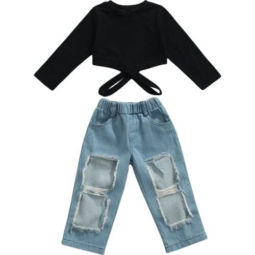 Fashion Kids Baby Girls Clothes Sets Long Sleeve Cross Hollow Out Crop Tops+Holes Ripped Jeans Pants for Spring Fall 2-7 Years