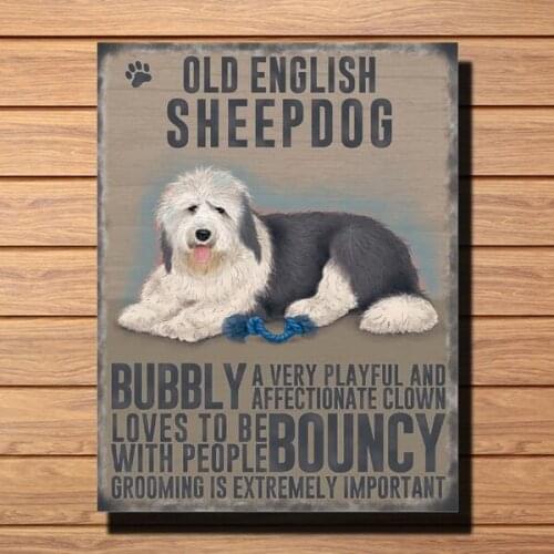Old English Sheepdog Dog Wall Art Plaque with Characteristics Display Vintage Metal Tin Sign Retro Tin Plate Sign Wall Art Decor