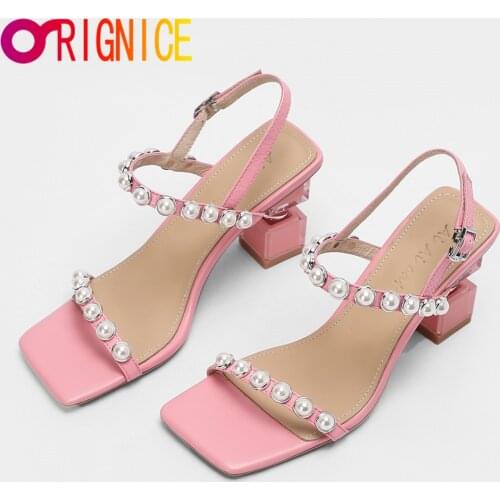 Orignice 2021 New Summer Luxury Women Strange Thick Heel Pearl Genuine Leather Sandals Fashion Open Toe Designer Party Shoes