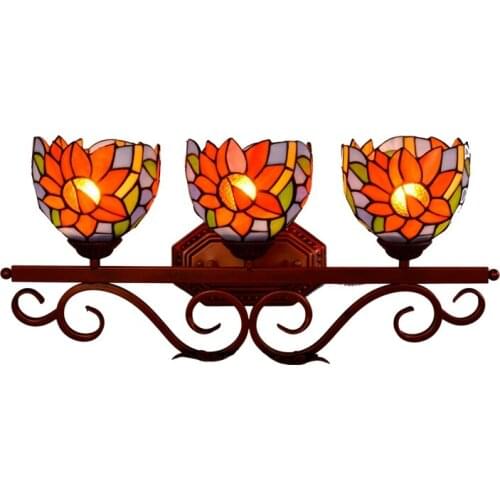 Sunflowers Tiffany Glass Wall Mirror Lamp for Bathroom Bar Aisle Pastoral Romantic Flowers Handmade 3 Heads Porch Light 1147