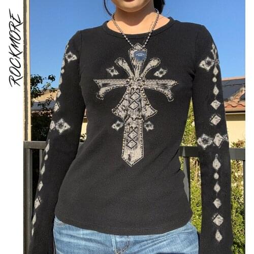 Rockmore Vintage Print T-shirt Women Gothic Long Sleeve Top Autumn Aesthetic Casual Graphics Tee Shirt 90s Grunge Clothes