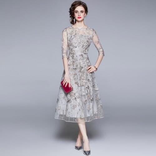 Women Luxury Embroidery Mesh Dress Autumn High Quality Elegant Party Robe Femme Lace Designer Banquet Dresses Vestidos