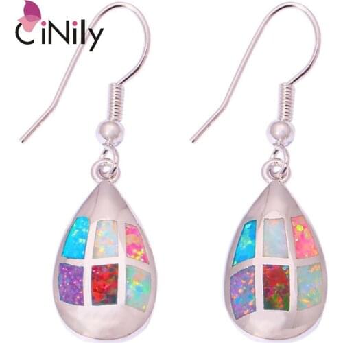 CiNily Created Blue White Pink Orange Rainbow Fire Opal Silver Plated Wholesale for Women Jewelry Dangle Earrings 1 1/2" OH3342
