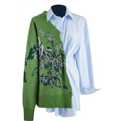 2020 Spring New Stitching Waist Ring Retro Green Fight Blue Long-sleeved Tops Patchwork Knitted Sweater Women Embroidery DG172