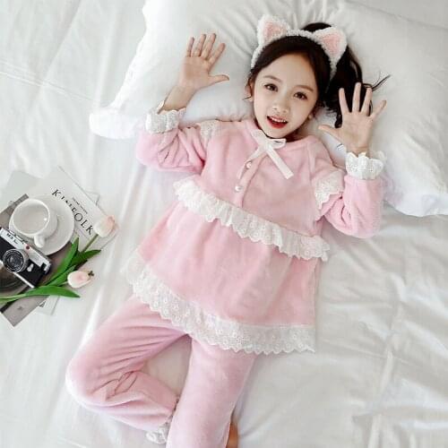 Girl winter warm home service suit Girl flannel comfortable pajamas two-piece Girls Fashion Lace Pajamas Set Home service suit