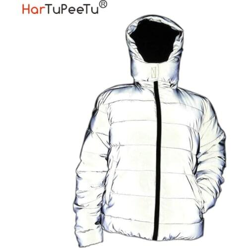 Winter Warm Reflective Jacket Coat Women Men Thick Cotton Padded Outwear Night Jogger Hooded Parka Plus Size Hip Hop Streetwear