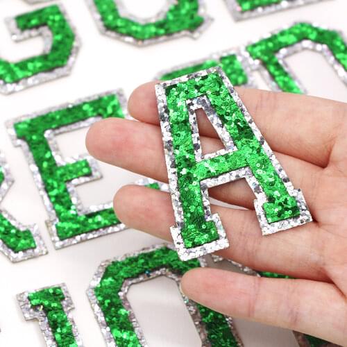 1Pcs Green Letter Patches English Alphabet Sequins Patch Applique For Clothes Iron On Patches Clothes Stickers For Coats Pants