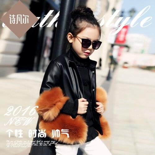2019 Winter coat for girls / PU leather jacket with faux fur