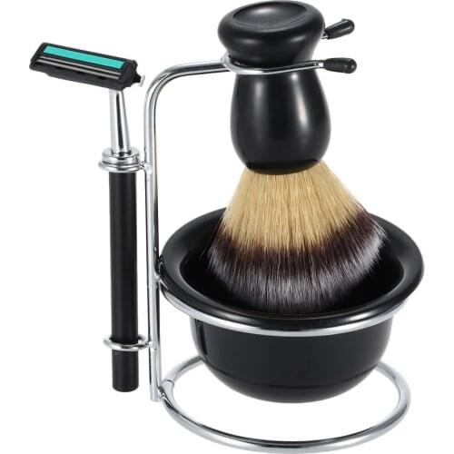 4 In 1 Mens Shaving Razor Set Dry & Wet Male Black Facial Cleaning Tool Shaving Holder + Razor + Soap Bowl + Badger Brush