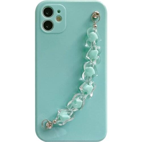 Green Crystal Heart Wrist Chain Case for iPhone 11 12 Pro Max 8 7 6 6s Plus Xr XsMax X Xs SE 2020 12 Color Candy Soft Back Cover
