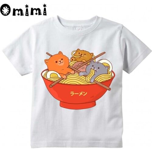 Boys/Girls Ramen Noodles And Cats Design T Shirt Kids Cute Animal Casual Tops Childrens Summer White T-Shirt