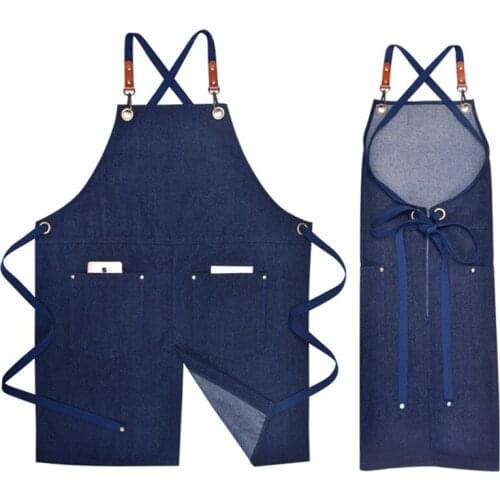 Black Blue Denim Apron Crossback Cotton Strap Cafe Barista Bartender Pastry Chef Uniform Barber Florist Gardener Work Wear K65