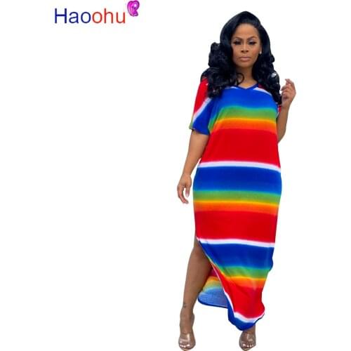 HAOOHU 2020 Women Summer Fashion Dress Long Maxi Dress V-Neck Loose Striped Print Bandage Beach Night Club Party Dresses Vestido